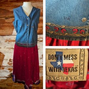 Dont Mess With Texas Western Cowgirl Cowboy Flowy Long Skirt & Denim Vest Sz M